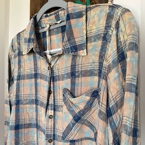 Mystree Plaid Blue Acid Wash Casual Long Sleeved Button Down Shirt,Women’s Sz S